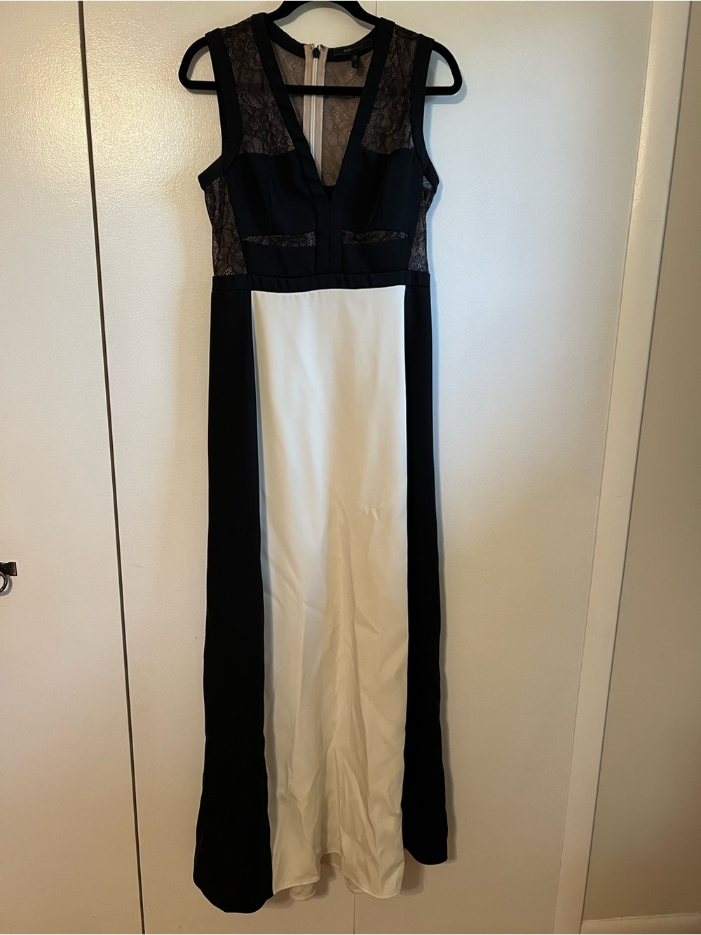 BCBGMaxAzria Black and White Lace-Trim Maxi Dress
